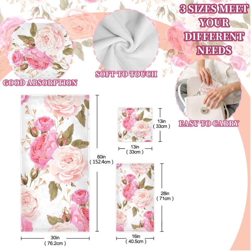 susiyo 3 Piece Bath Towel Set, Soft Highly Absorbent Bathroom Towels Beautiful Floral Pink Roses Fashion Print Quality Towels (Set of 3, 1 Bath Towel, 1 Hand Towel & 1 Washcloth) - Image 3